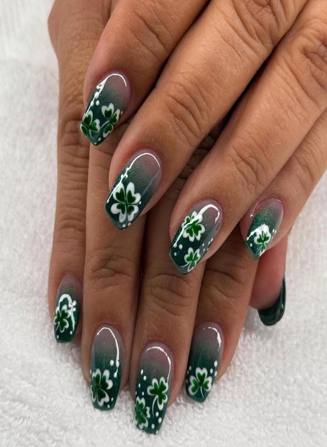 OSTTMA 24Pcs St. Patrick's Day Press on Nails White Shamrock Fake Nails French Tip False Nail with Clover Design Gradient Green Glue on Nails Medium Length Stick on Nail for Women DIY Irish Holiday Manicure - Image 1